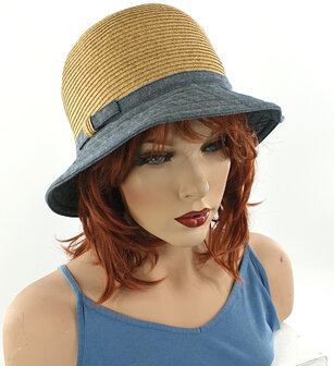 Zomerhoed zonnehoed cloche blauw naturel maat one size 56 57 centimeter