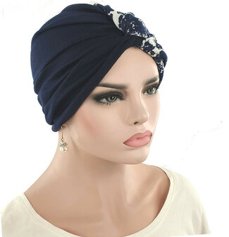 Trendy chemo tulband wrap blauw met wit