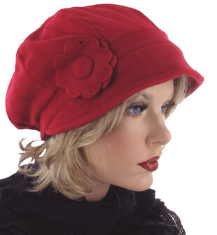 Warme fleece baret/muts met bloem kleur rood