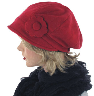 Warme fleece baret/muts met bloem kleur rood