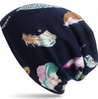 Chemo longbeanie dubbellaags supersoft donkerblauw verenprint