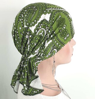 Bandana chemomuts hoofddoek voor haarverlies kleur groen paisley print
