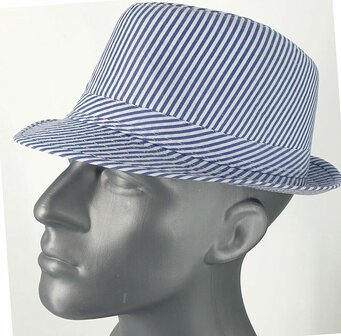 Katoenen zomerhoedje trilby blauw wit gestreept