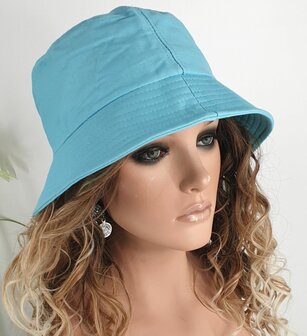Katoenen bucket hat vissershoedje zomerhoed maat one size kleur aqua blauw