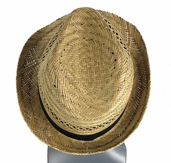 Luchtig strohoedje zomerhoedje trilby kleur natuur met zwarte band maat L XL