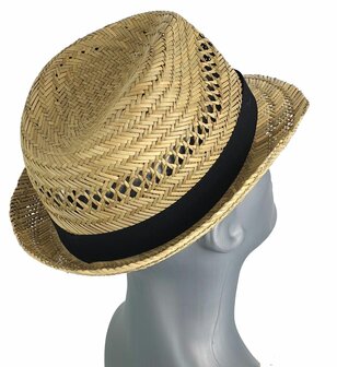 Luchtig strohoedje zomerhoedje trilby kleur natuur met zwarte band maat L XL