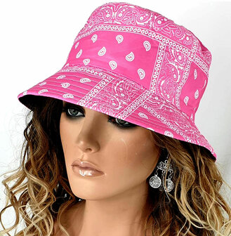 Bucket hat vissershoed met paisley print zomers festival hoedje kleur pink