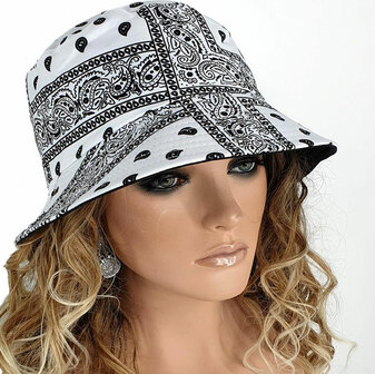 Bucket hat vissershoed met paisley print zomers festival hoedje kleur wit