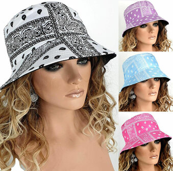 Bucket hat vissershoed met paisley print zomers festival hoedje kleur wit