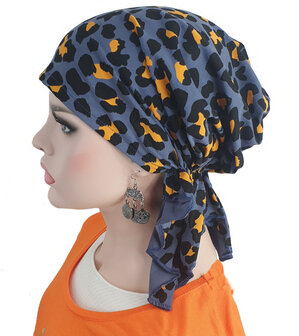 Bandana chemomuts hoofddoek voor haarverlies kleur luipaard grijsblauw