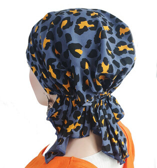 Bandana chemomuts hoofddoek voor haarverlies kleur luipaard grijsblauw