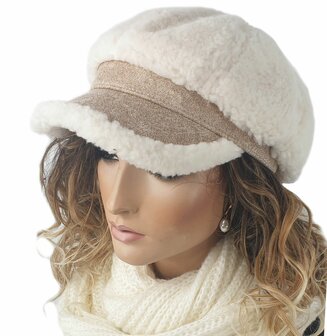 Wollen ballonpet winterpet teddy baret met klepje maat S/M kleur wolwit beige