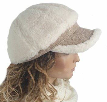 Wollen ballonpet winterpet teddy baret met klepje maat S/M kleur wolwit beige