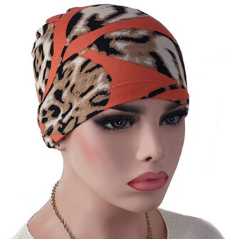 Chemo basismuts slaapmuts luipaard print bladeren zalm