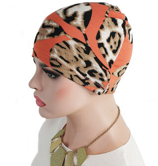 Chemo basismuts slaapmuts luipaard print bladeren zalm
