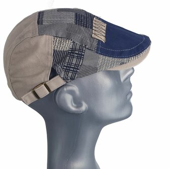 Katoenen zomerpet patchwork flatcap kleur beige blauw