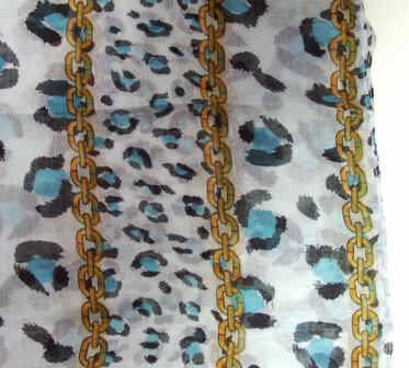 Luchtige zomersjaal luipaard ketting print kleur blauw 185 cm x 80 cm