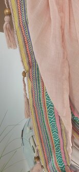 Zomersjaal XXL dames Ibiza Boho Style met glitter ster en kralen kleur roze 65x200 cm