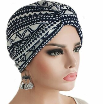 Chemo muts zachte Tulband wrap met aztek motief kleur blauw wit