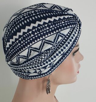 Chemo muts zachte Tulband wrap met aztek motief kleur blauw wit