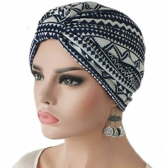 Chemo muts zachte Tulband wrap met aztek motief kleur blauw wit