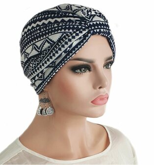 Chemo muts zachte Tulband wrap met aztek motief kleur blauw wit