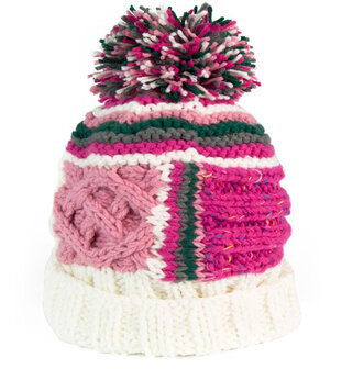 Leuke gekleurde wintermuts met pompon van acryl kleur wolwit roze mix maat one size