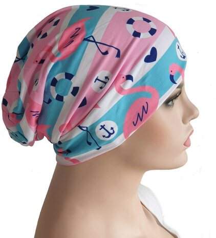 Chemomuts beanie zomerse print flamengo's en ankers roze wit blauw maat one size