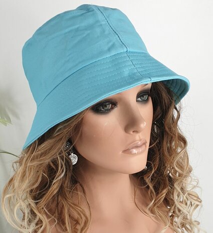 Katoenen bucket hat vissershoedje zomerhoed maat one size kleur aqua blauw
