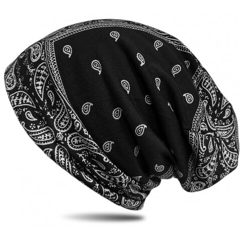 Dubbellaagse chemomuts beanie met paisley motief kleur zwart