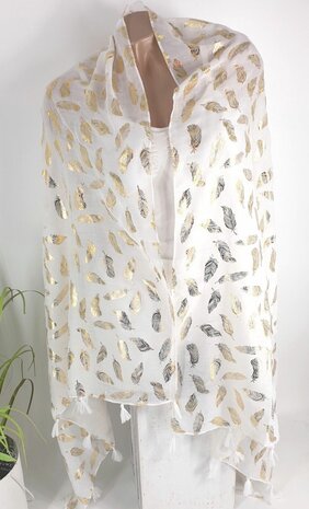 Zomersjaal 180 x 90 centimeter wit met goudkleurige blaadjes print