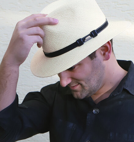 Panama hoed kleur naturel met zwarte band grote maat 63 64 65 centimeter