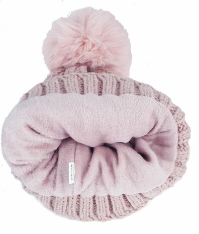 Warme kabel wintermuts met pompon met met fleece voering kleur roze