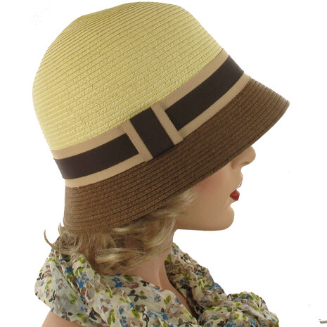 Elegant retro strohoedje kleur beige met bruin