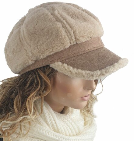 Wollen ballonpet winterpet teddy baret met klepje maat S/M kleur beige creme