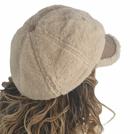 Wollen ballonpet winterpet teddy baret met klepje maat S/M kleur beige creme