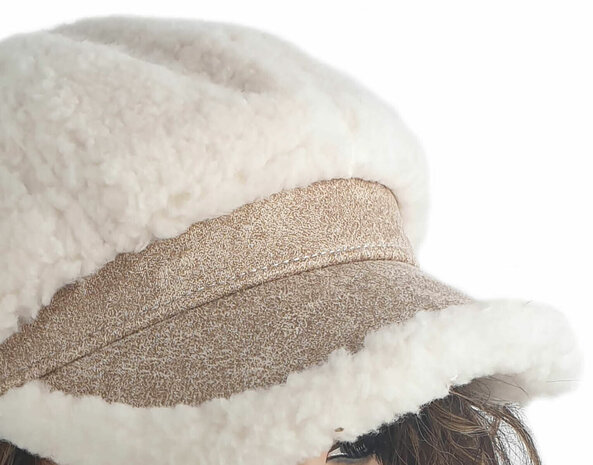 Wollen ballonpet winterpet teddy baret met klepje maat S/M kleur wolwit beige