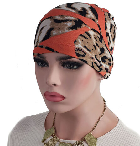 Chemo basismuts slaapmuts luipaard print bladeren zalm