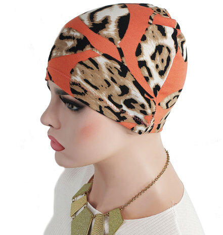 Chemo basismuts slaapmuts luipaard print bladeren zalm