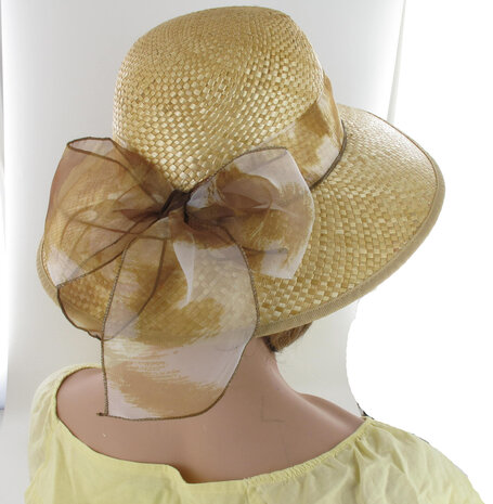 Strohoed rieten hoed dameshoed strandhoed met strik kleur beige met strik zonbescherming