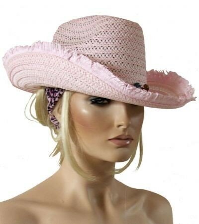 Cowgirl strohoed met kralen roze en wit