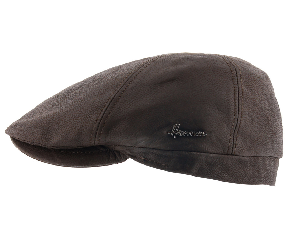 Th Vakantie lijn Herman Headwear Duke leren flatcap met oorflappen kleur bruin