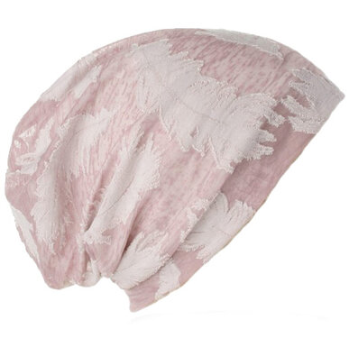 Chemo longbeanie dubbellaags oudroze pastelkleur met veren