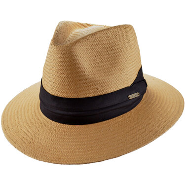 Heren fedora strohoed camel kleur met zwarte band handmade