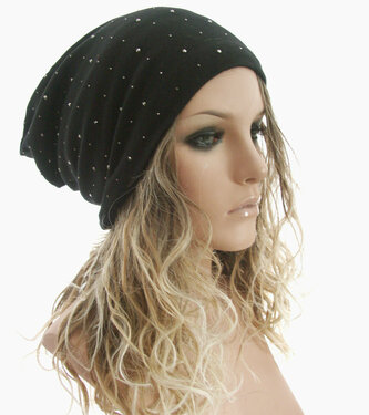 Chemo longbeanie gevoerde muts met strass steentjes kleur zwart