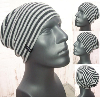 Dubbel gebreide longbeanie van acryl grijs met wit gestreept