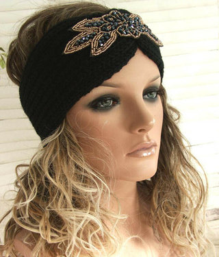 Zwarte hoofdband haarband met bloem applicatie
