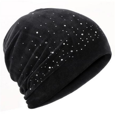 Superzachte velvet chemo beanie met strass kleur zwart