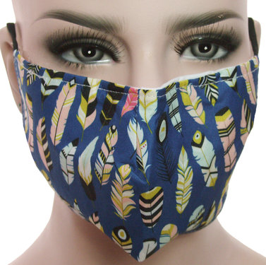 Mondkapje mondmasker wasbaar stof herbruikbaar blauw met print veren