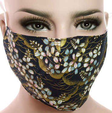 Mondkapje mondmasker wasbaar stof herbruikbaar donkerblauw met bloemenprint goud